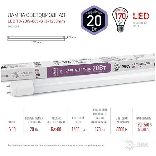 Светодиодная лампа ЭРА LED T8-20W-865-G13-1200mm Б0033005 x10