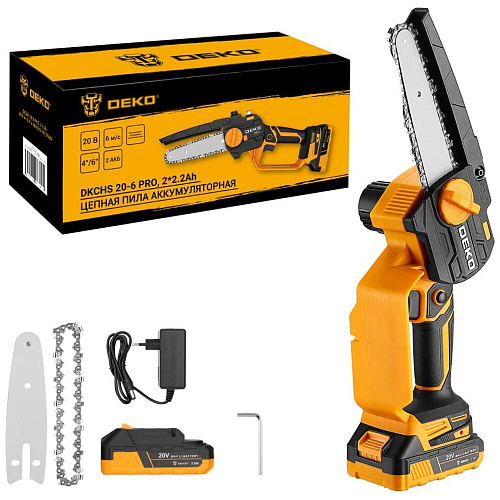 Аккумуляторная пила Deko DKCHS 20-6 PRO, 4" и 6", 20В, 2x2.2Ач, 2 шины и 2 цепи 083-2011