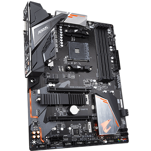 Материнская плата Gigabyte B450 AORUS Elite Socket-AM4 AMD B450 4xDDR4, 6xSATA3, RAID, 2xM.2, 2xPCI-E16x, 4xUSB 3.1, DVI-D, HDMI, Glan, ATX Ret УЦЕНКА