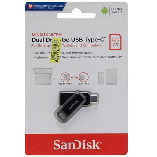 USB Flash накопитель 512GB SanDisk Ultra Dual Drive Go (SDDDC3-512G-G46) USB3.1/Type-C (OTG) Черный