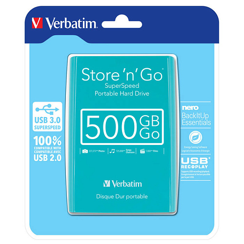 Внешний жесткий диск 2.5" 500Gb Verbatim 53171 USB3.0 5400rpm Store'n'Go бирюзовый