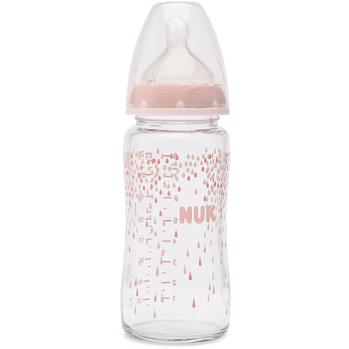 Бутылочка для кормления NUK First Choice Plus стеклянная, 240 мл + силиконовая соска со средним отверстием для пищи M размер 1 (дождик)